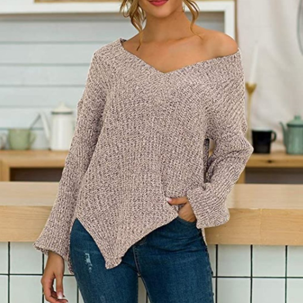 NWT Knit Oversize Slouchy Asymmetric Slit Sweater - Picture 2 of 3